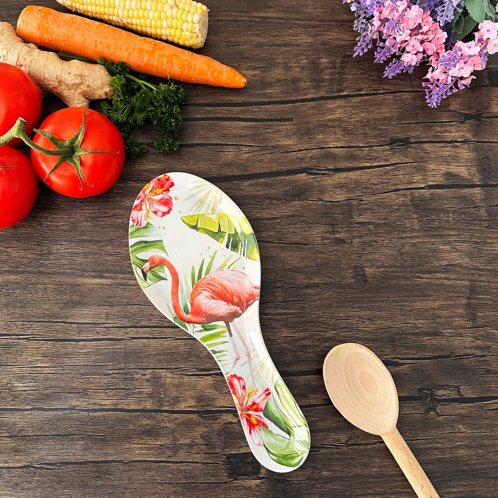 Melamine Spoon Rest 9.625 Inch for Kitchen Counter, Flamingo Design